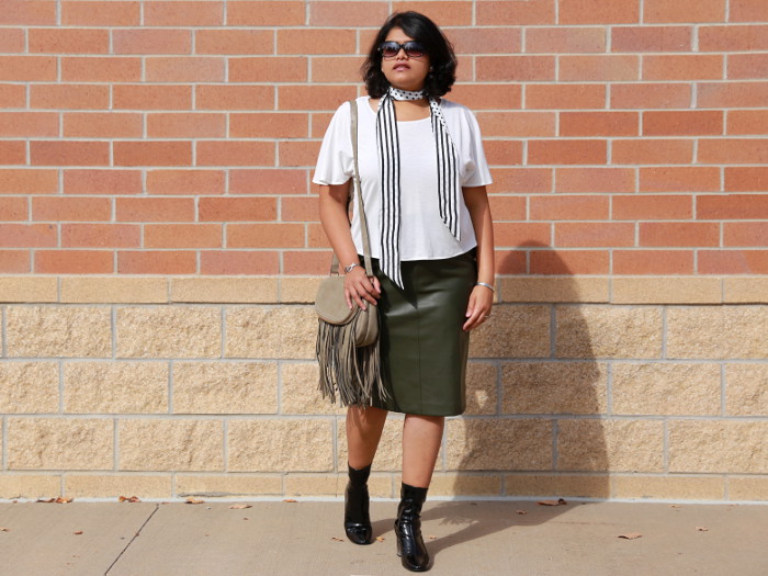 Leather Pencil Skirt in Khaki with Cape Top and Skinny Scarf. Ready for the weekend shopping with the Patent Ankle Boots and Fringed Bag!