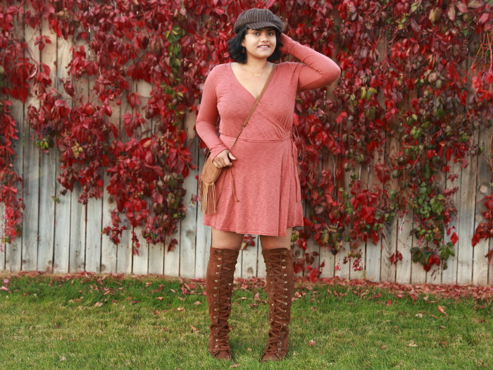 Free People Wrap Dress with Knee High Suede Lace-Up Boots and Cap!